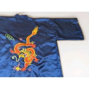 PFR VTG Golden Dragon Chinese Hand Emdroidered 100% Silk Blue Robe Kimono Med